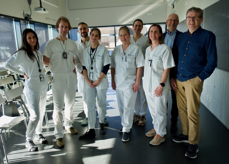 Fra venstre: Nora Raaf (stipendiat) Lasse Pihlstrøm (nevrolog og professor) Marleen van Walsem (psykolog og forsker) Ahmad Kaddoura (lege i spesialisering og stipendiat) Tone Hakvåg Rønning (studiekoordinator) Ellen Hoven Maurtveten (studiesykepleier) Solveig Jacobsen Dalbro (nevrolog og forsker) Geir Viksund, LHS og Livar Hølland, LHS